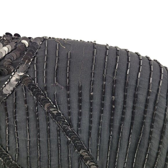 Vintage 80s Silk Black Beaded Sequined Short Sleeve Flapper Dress Sz M Cutout - Picture 9 of 14
